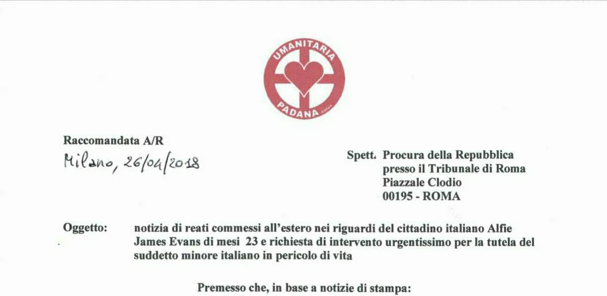 Umanitaria Padana interpella la Procura per Alfie