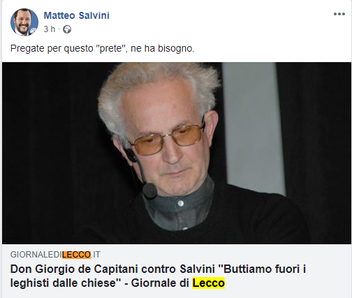 Salvini risponde all’attacco di don Giorgio: “Pregate per lui”