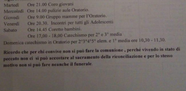 Per chi convive niente Comunione e nemmeno il funerale