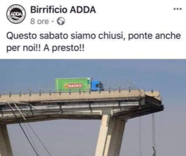 Birrificio Adda fa un post con il Ponte Morandi: pioggia di critiche e pagina Facebook rimossa