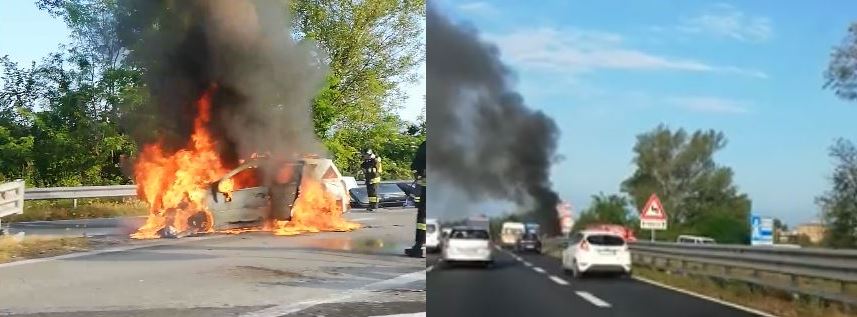 Paura per un’auto in fiamme sulla Statale 36 FOTO