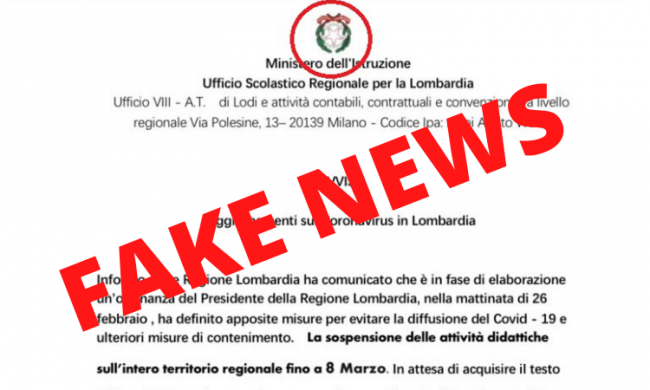 Scuole chiuse fino all’8 marzo, ma è una bufala