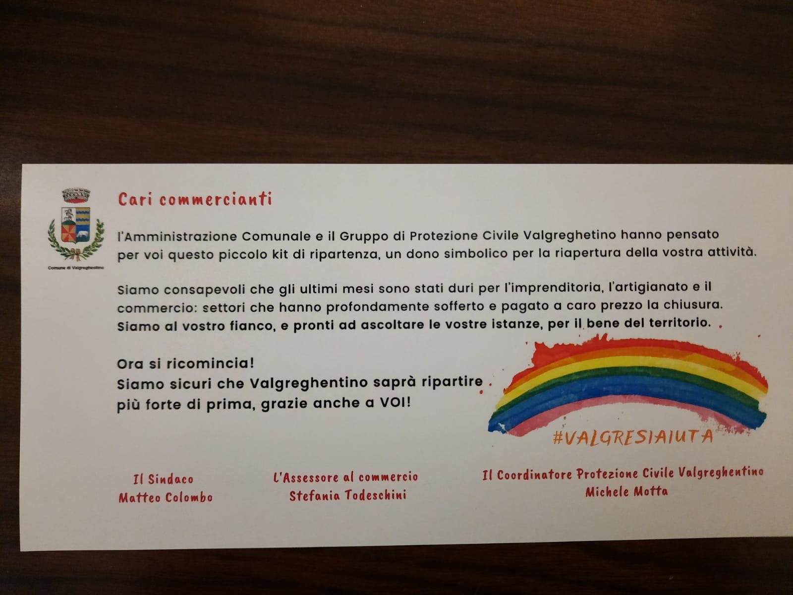 L’amministrazione comunale di Valgreghentino ha distribuito oggi un kit per i commercianti