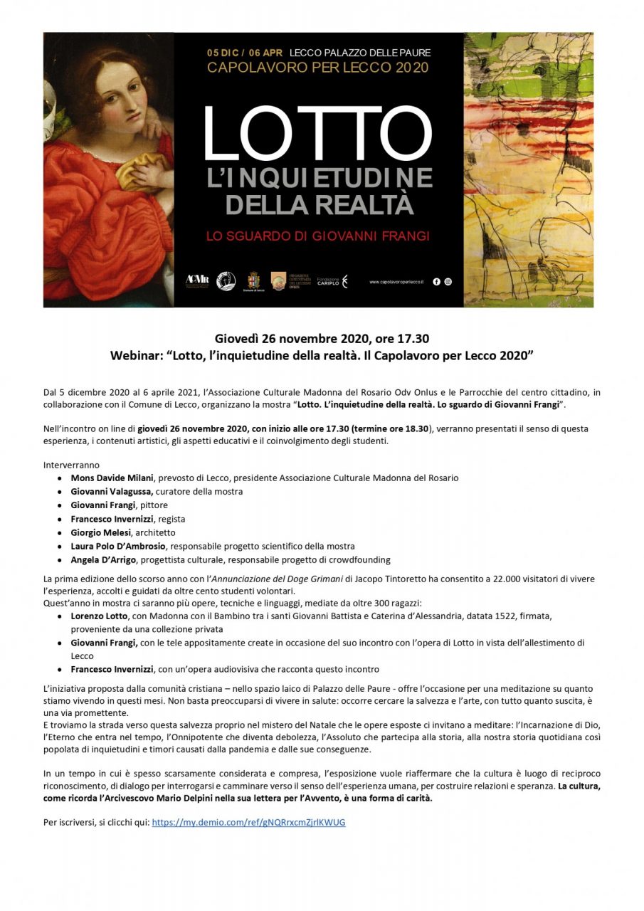 Giovedì 26 webinar “Lotto, l’inquietudine della Realtà. Il Capolavoro per Lecco 2020”