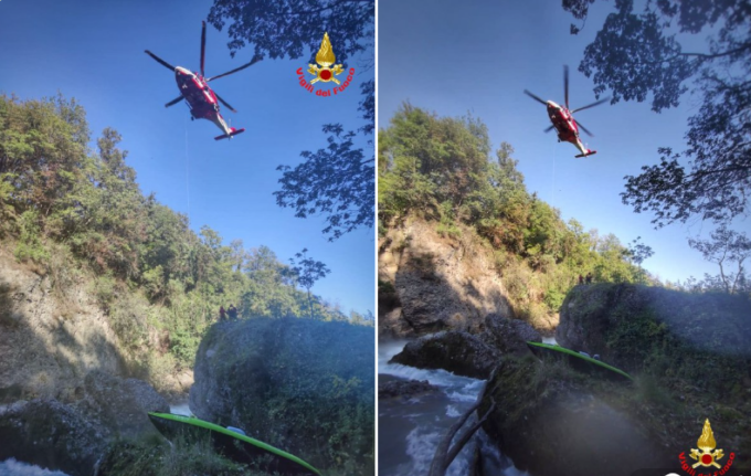 Incastrato nelle rocce del fiume Adda con la canoa: i pompieri si calano dall’elicottero per salvarlo