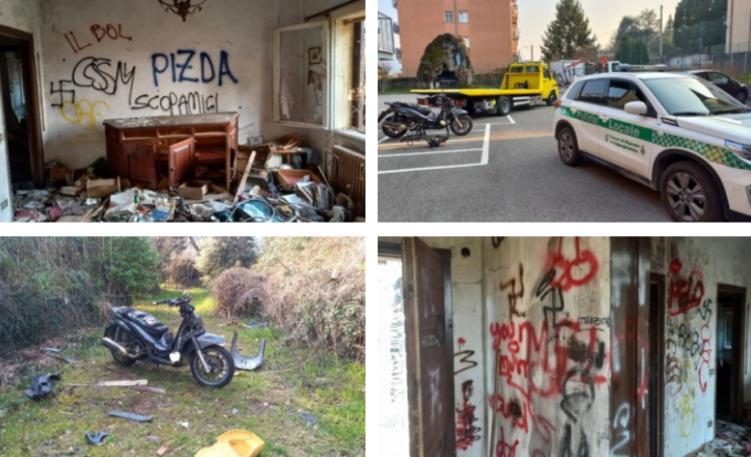 Blitz alla “casa sul fiume” tra vandalismi, svastiche e moto rubate