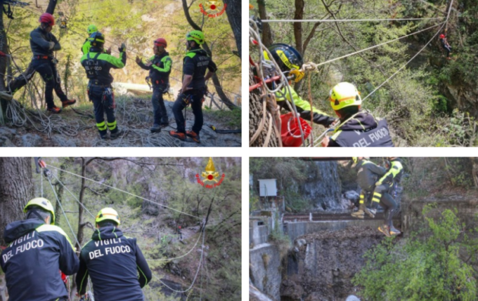 I Vigili del fuoco simulano un salvataggio nel Caldone con la teleferica