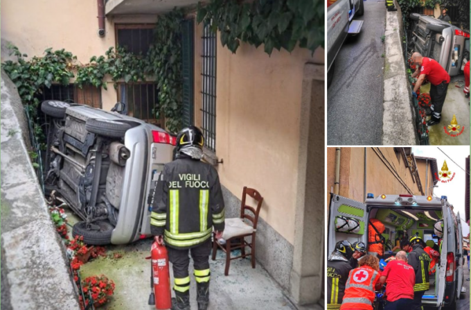 Lecco, si ribalta con l’auto e finisce nel cortile di una abitazione