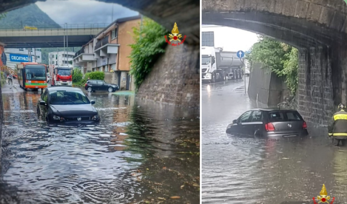 Bomba d’acqua su Lecco: auto bloccate nel sottopasso allagato. Tempesta di fulmini sul territorio