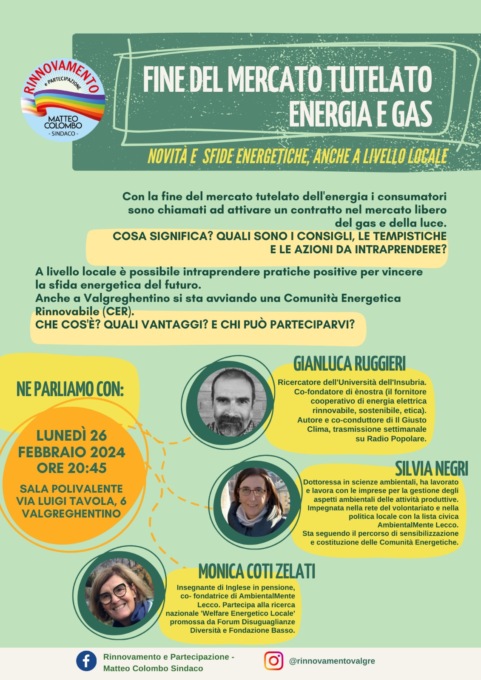 Valgreghentino, lunedì prossimo un incontro pubblico sui vantaggi di aderire a una Comunità energetica rinnovabile