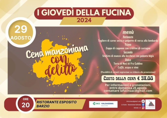 Cena manzoniana… con delitto: appuntamento il 29 agosto a Barzio