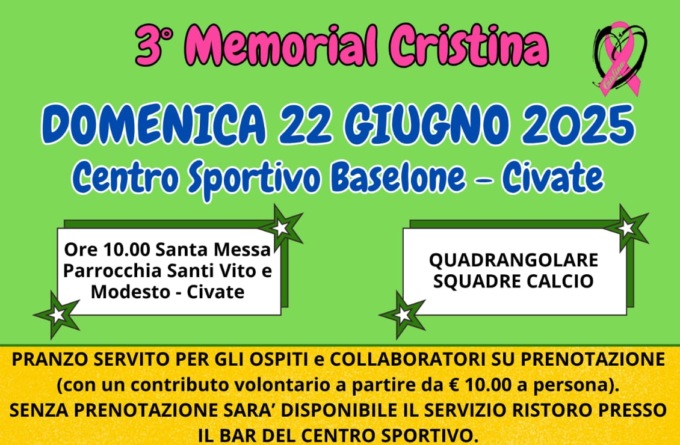 Civate, domenica 22 giugno il terzo Memorial Cristina