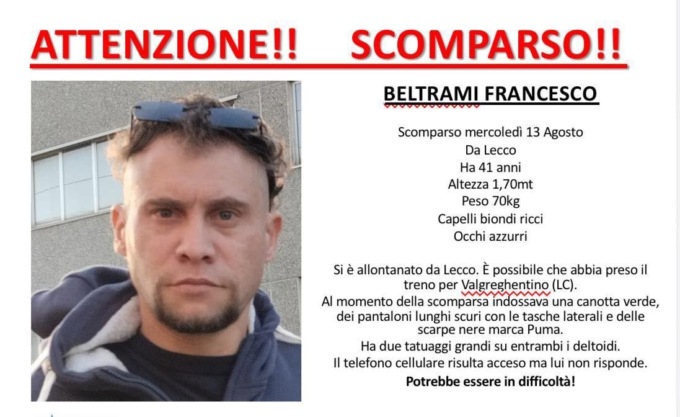 Scomparso un uomo, ricerche in corso