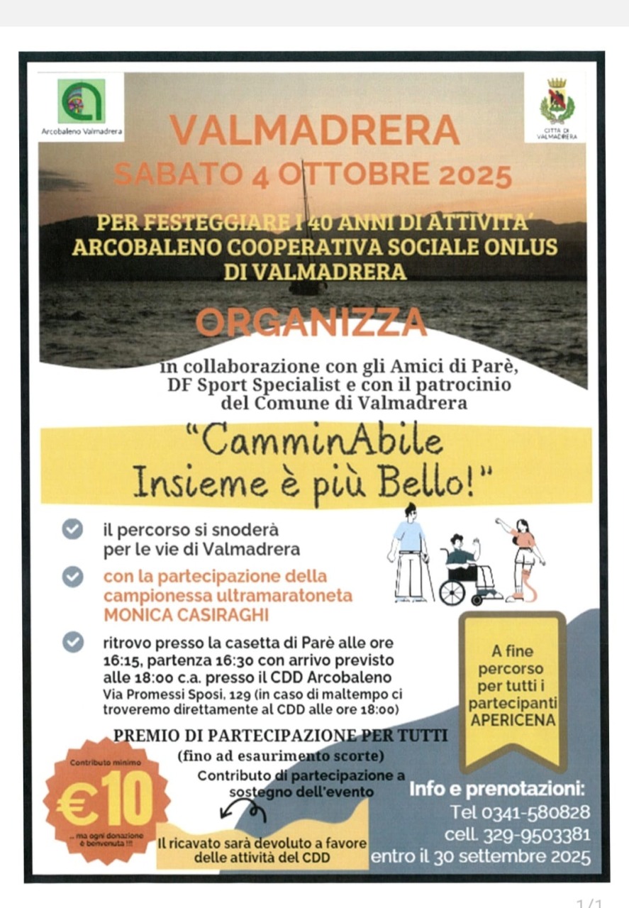 “CamminAbile”: la cooperativa Arcobaleno di Valmadrera festeggia 40 anni
