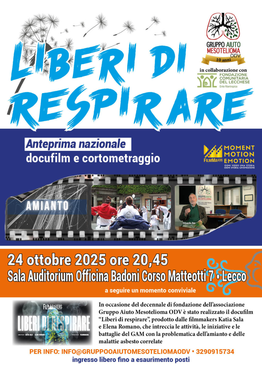 “Liberi di respirare”: l’anteprima nazionale del docufilm per i 10 anni del Gruppo Aiuto Mesotelioma