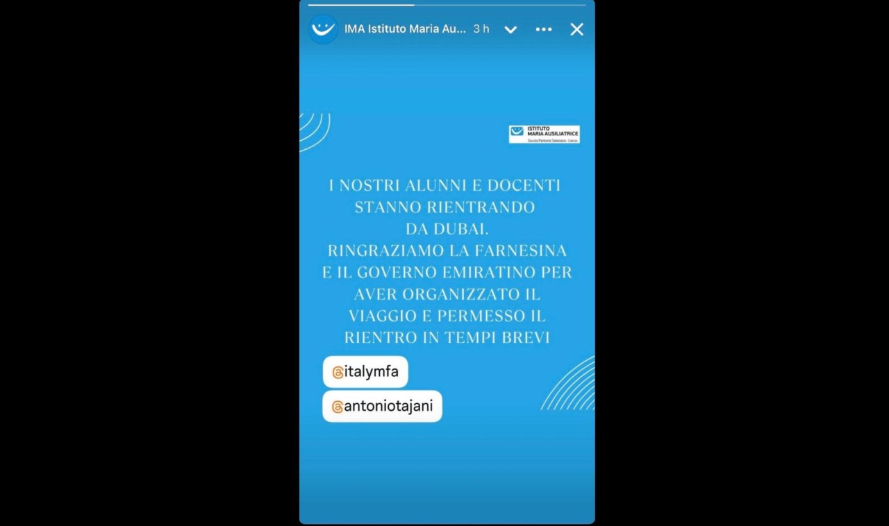 Lecco, stanno rientrando da Dubai alunni e docenti dell’Istituto Maria Ausiliatrice