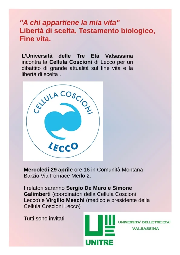 La Cellula Coscioni di Lecco all’Unitre Valsassina per un incontro sul fine vita